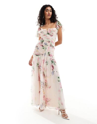 Robe mi-longue froncée à fleurs et volants - Asos Design - Modalova