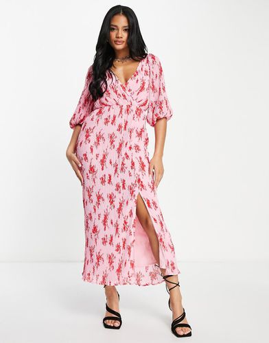 Robe mi-longue plissée avec boutonnage et imprimé floral - Rouge - Asos Design - Modalova