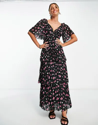 Robe mi-longue plissée avec jupe étagée et imprimé floral rose - Noir - Asos Design - Modalova
