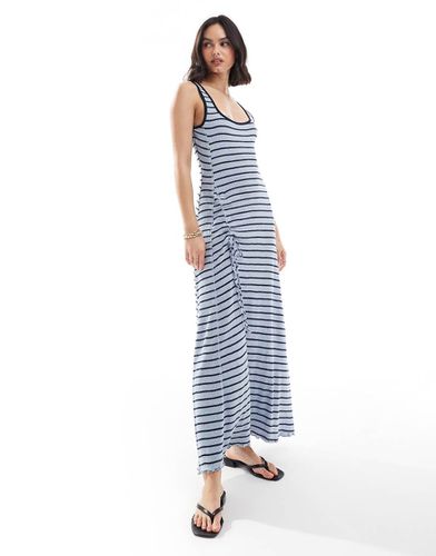 Robe mi-longue rayée à bretelles avec fente, fronces et liens sur le côté - Bleu marine et noir - Asos Design - Modalova