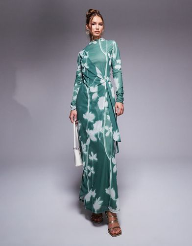 Robe portefeuille longue nouée à manches longues et à col montant - Vert fleuri - Asos Design - Modalova