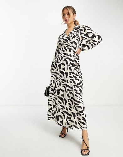 Robe portefeuille mi-longue à col et imprimé abstrait - Noir et blanc - Asos Design - Modalova