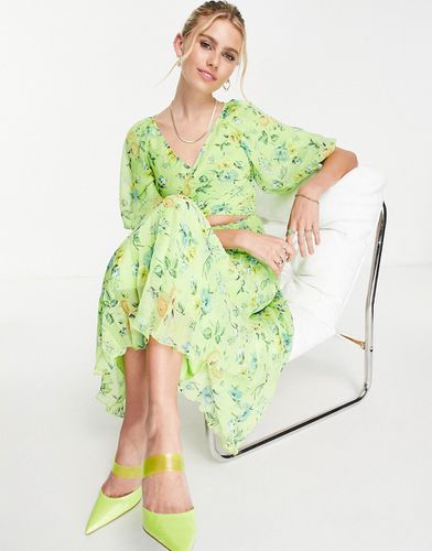 Robe portefeuille mi-longue à plis et imprimé fleuri - Vert - Asos Design - Modalova