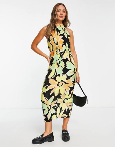 Robe plissée mi-longue sans manches à imprimé fleuri avec col montant et ceinture - Noir/citron vert - Asos Design - Modalova