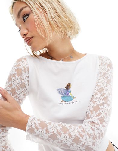 T-shirt avec inscription Away with the Fairies avec manches en dentelle - Ivoire - Asos Design - Modalova