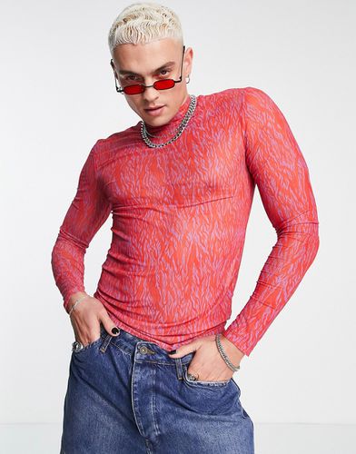 T-shirt moulant à manches longues et col montant en tulle imprimé - - RED - Asos Design - Modalova