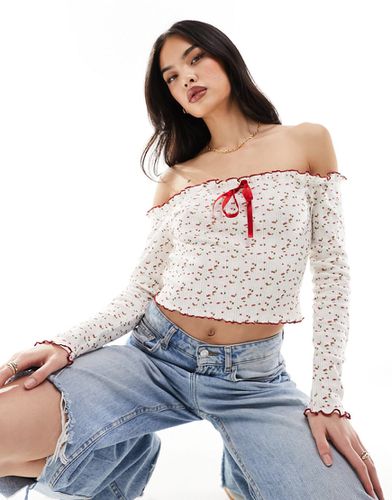 Top Bardot en maille pointelle à imprimé petites cerises - Ivoire - Asos Design - Modalova