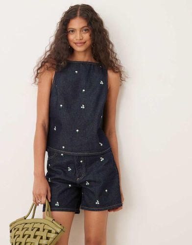 Top d'ensemble droit en jean avec petites fleurs brodes - Indigo brut - Asos Design - Modalova