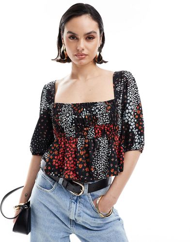 Top froncé à petites fleurs avec manches longues et encolure carrée - Asos Design - Modalova