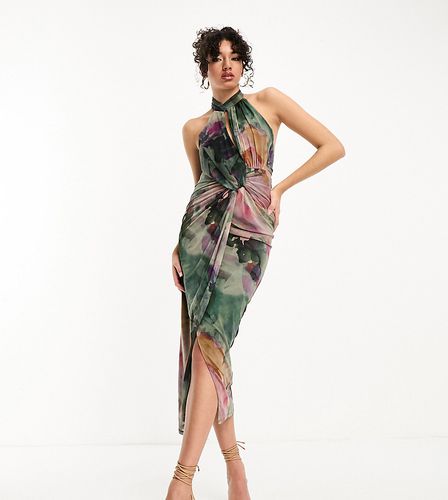ASOS DESIGN Tall - Robe mi-longue dos nu moulante en tulle à imprimé fleurs - Vert - Asos Tall - Modalova