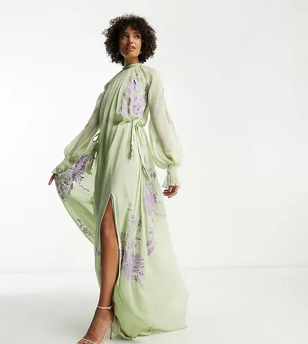 ASOS DESIGN Tall - Robe longue nouée à la taille avec col montant et broderie fleurs lilas au pochoir - sauge - Asos Tall - Modalova