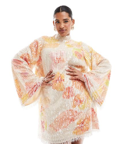 Curve - Robe courte à col montant à sequins, franges et imprimé fleurs - Orange - Asos Edition - Modalova