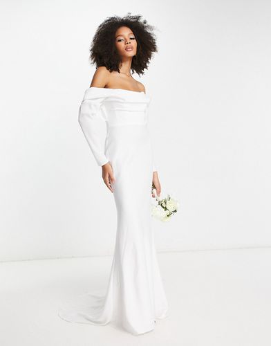 ASOS EDITION - Elodie - Robe de mariage drapée à manches longues et encolure Bardot en satin - Ivoire - Asos Design - Modalova