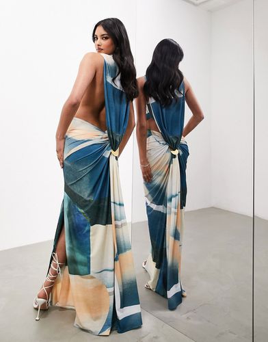 Robe longue sans manches à imprimé abstrait avec effet drapé et détail métallisé - Bleu - Asos Edition - Modalova
