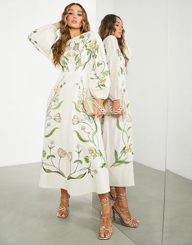 Robe mi-longue à grandes fleurs et feuilles brodées - Crème - Asos Edition - Modalova