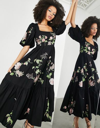 Robe mi-longue cintrée à la taille avec manches bouffantes et broderies fleurs sauvages - Asos Edition - Modalova