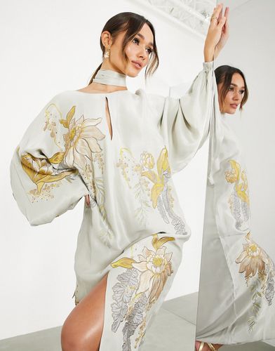 Robe mi-longue en satin avec broderies fleuries - sauge - Asos Edition - Modalova