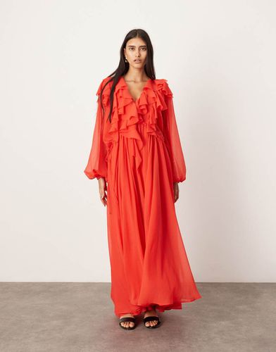 Robe volantée longue en mousseline à bords bruts avec cordon de serrage à la taille - Asos Edition - Modalova