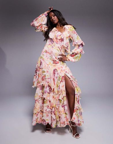 Robe longue et asymtrique en organza et mousseline imprim rtro fleuri - Asos Luxe - Modalova