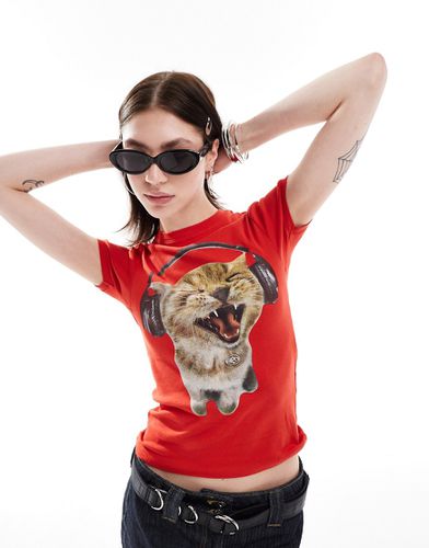 T-shirt court à imprimé chat avec casque audio - Basic Pleasure Mode - Modalova