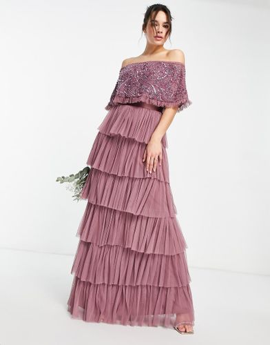 Robe longue de demoiselle d'honneur avec encolure Bardot ornementée et jupe en tulle à effet étagé - Mauve - Beauut - Modalova