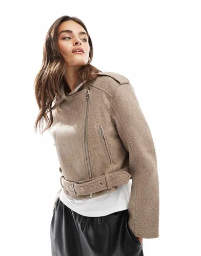 Blouson coupe carrée style motard en laine - Sable - Bershka - Modalova