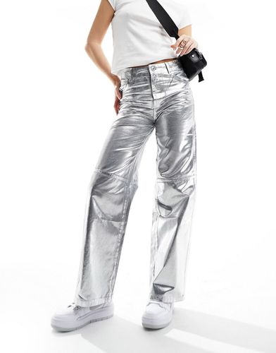 Pantalon droit en similicuir effet craquelé - métallisé - Bershka - Modalova