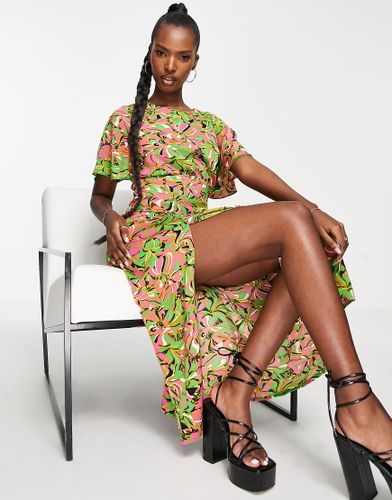 Girl In Mind - Robe mi-longue fendue aux jambes à manches évasées et imprimé tourbillon - Rose et vert - Forever U - Modalova