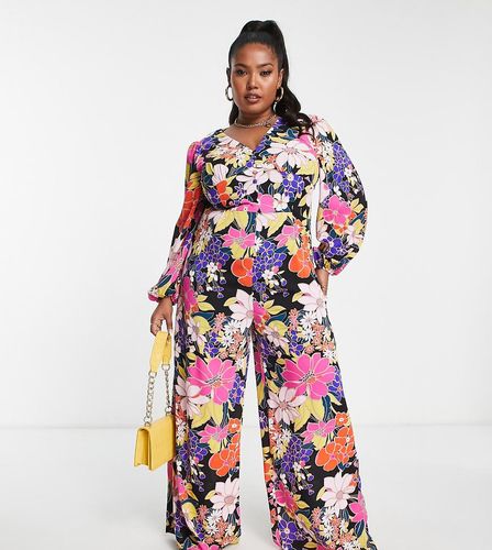 Combinaison boutonnée avec col en V et imprimé fleuri rétro - Glamorous Curve - Modalova