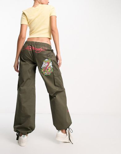 Pantalon cargo à taille basse avec broderie dragon - olive - Ed Hardy - Modalova