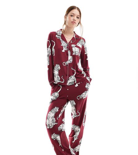 Exclusivité - Ensemble de pyjama en polyester imprimé tigres et lotus avec pantalon et chemise à manches longues - Prune - Chelsea Peers - Modalova