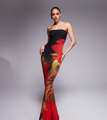 Exclusivit - Robe longue  imprim fleuri avec ourlet plongeant et encolure bandeau - Noir/rouge - Murci - Modalova