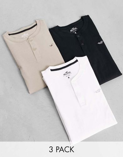 Lot de 3 t-shirts avec col rond boutonné et logo emblématique - Blanc/fauve/noir - Hollister - Modalova