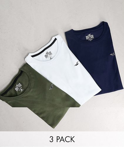 Lot de 3 t-shirts avec logo emblématique - Bleu marine/vert/bleu - Hollister - Modalova