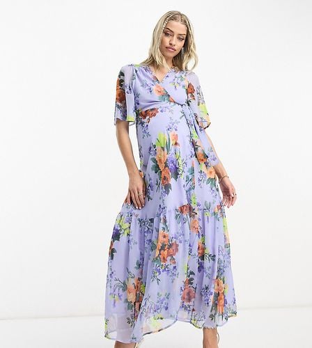 Robe portefeuille longueur mollet à fleurs avec manches évasées - Lilas - Hope & Ivy Maternity - Modalova
