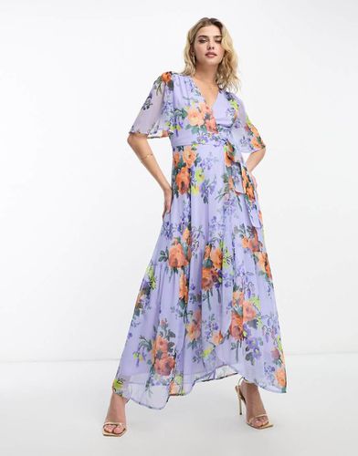 Robe portefeuille longueur mollet à imprimé fleuri et manches évasées - Lilas - Hope & Ivy - Modalova