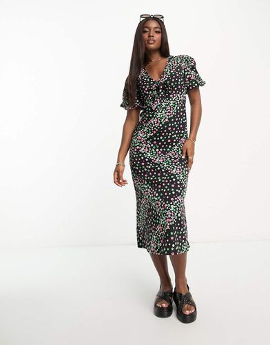 Robe mi-longue nouée à l'avant avec imprimé fleuri linéaire et manches bouffantes - Influence - Modalova