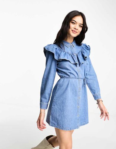 Robe courte en jean à volants avec liens à la taille - moyen - Only - Modalova