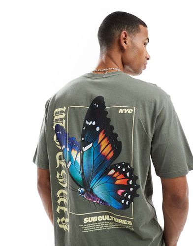 T-shirt décontracté avec imprimé papillon au dos - sauge foncé - Only & Sons - Modalova