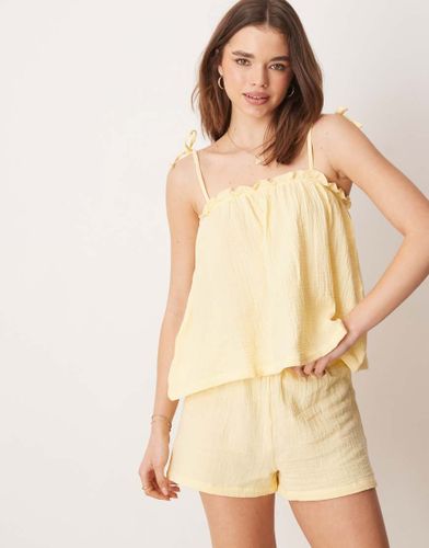 Ensemble de pyjama en coton froiss avec short et caraco  bretelles noues - citron - Loungeable - Modalova