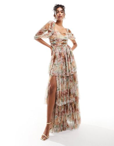 Robe asymétrique en tulle à fleurs avec épaules dénudées - Marron - Lace & Beads - Modalova