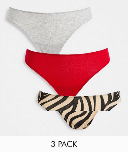 Nova - Lot de 3 strings échancrés en coton - Rouge, gris et imprimé animal - MULTI - Lindex - Modalova