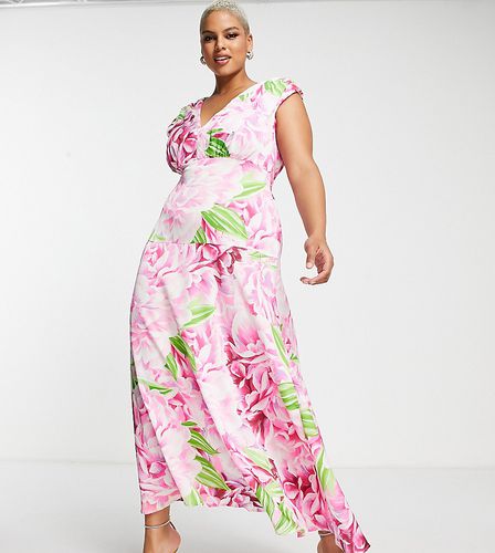 Robe longue à fleurs avec décolleté plongeant - Vert et rose - Liquorish Plus - Modalova