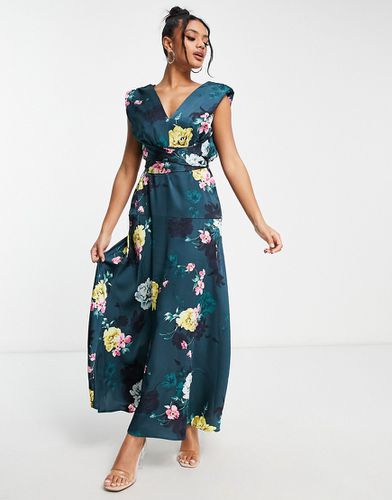 Robe longue à décolleté plongeant et imprimé fleurs - Bleu sarcelle - Liquorish - Modalova