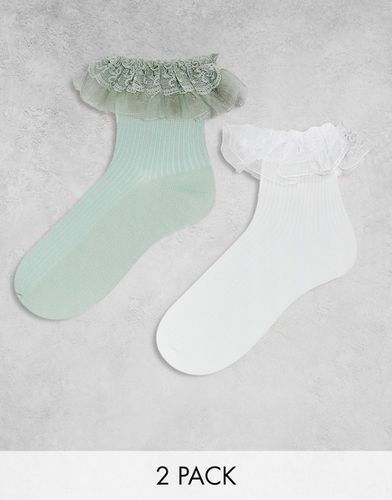 Lot de 2 paires de chaussettes avec bords à volants - Blanc et vert - Monki - Modalova