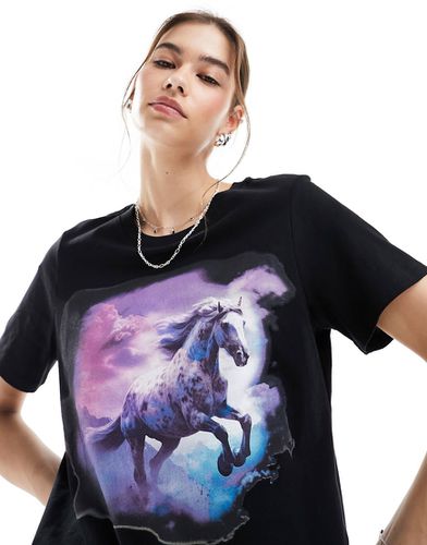 T-shirt à manches courtes avec imprimé cheval à l'avant - Noir - Monki - Modalova