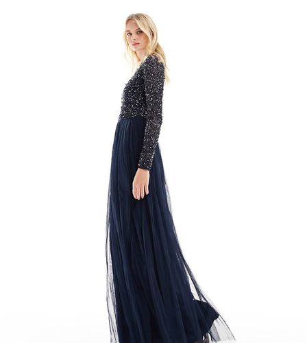 Robe longue en tulle pour demoiselle d'honneur avec manches longues et sequins délicats ton sur ton - Bleu - Maya Tall - Modalova
