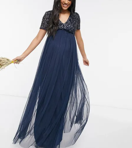 Robe longue de demoiselle d'honneur en tulle à col V et sequins ton sur ton - Bleu - Maya Maternity - Modalova