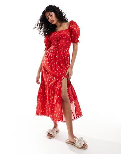 Robe longue à volants avec détail corset - à imprimé roses - Miss Selfridge - Modalova