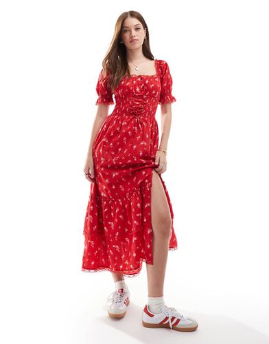 Robe longue à volants avec détail corset - à imprimé roses - Miss Selfridge - Modalova